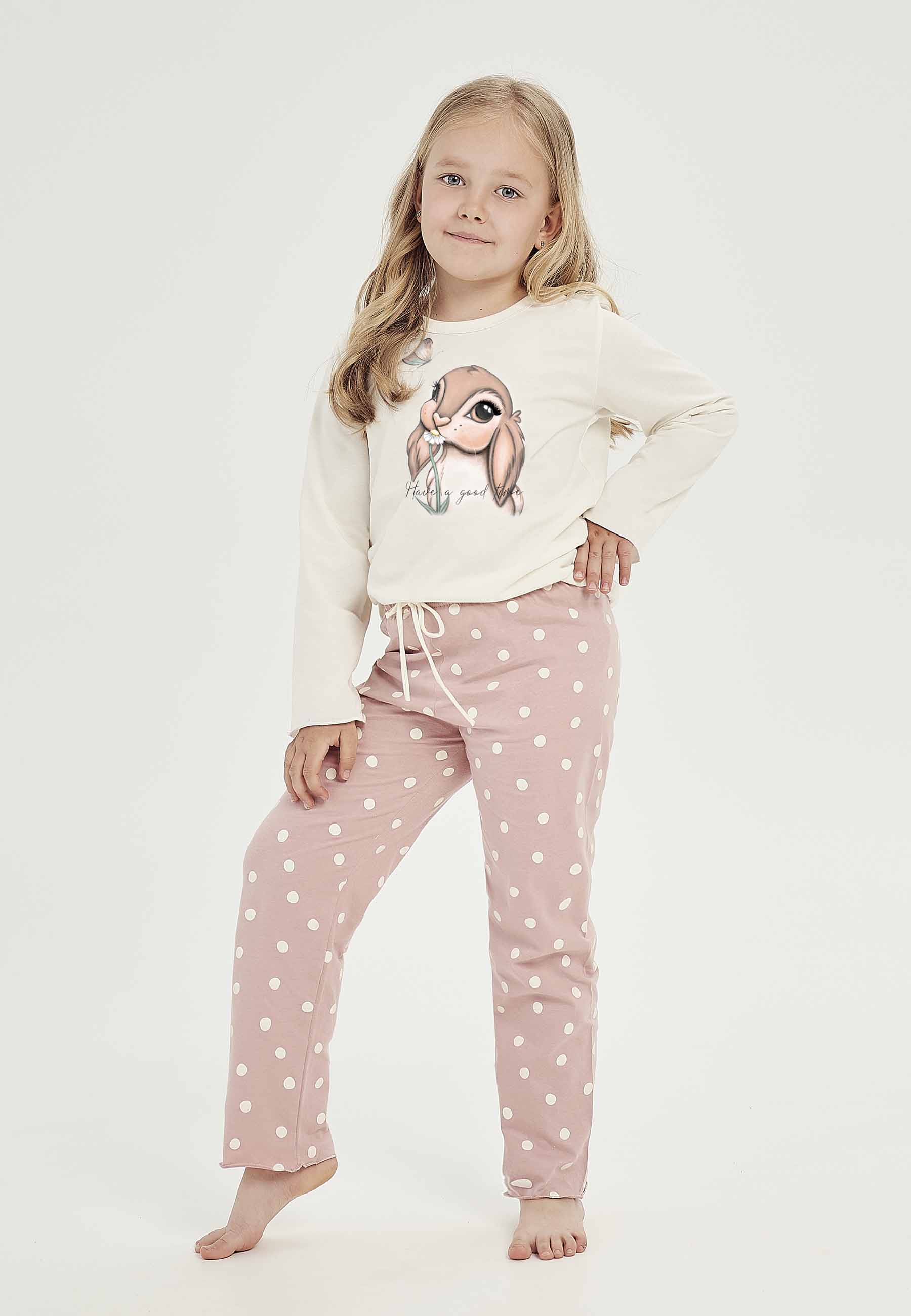 Różowo-kremowa piżama dziewczęca z nadrukiem króliczka marki Taro