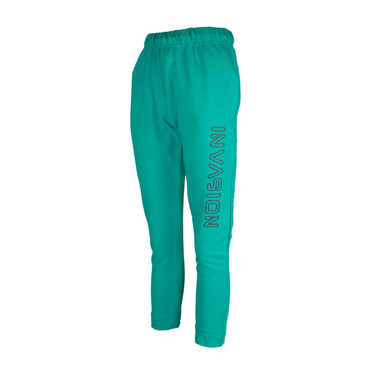 Spodnie dresowe dla chłopca, kolor zielony, aplikacja na nogawce INVASION, Tup Tup