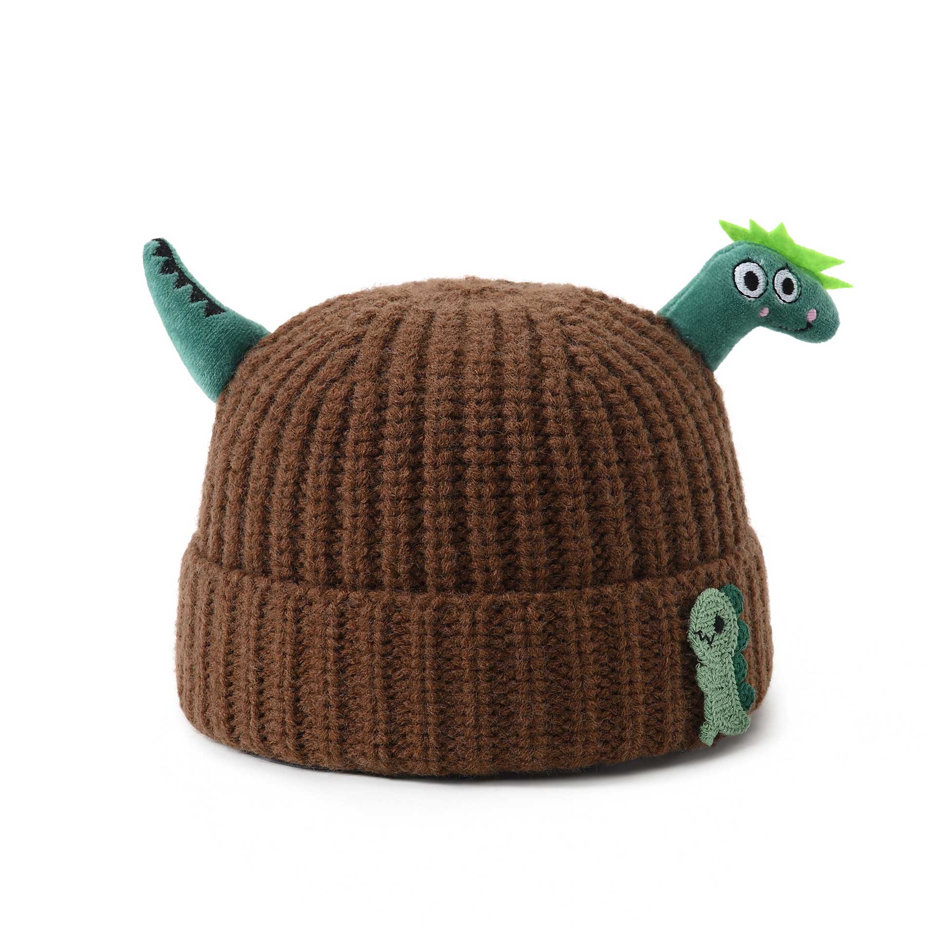 Chłopięca czapka zimowa z dinozaurem 3D brązowa