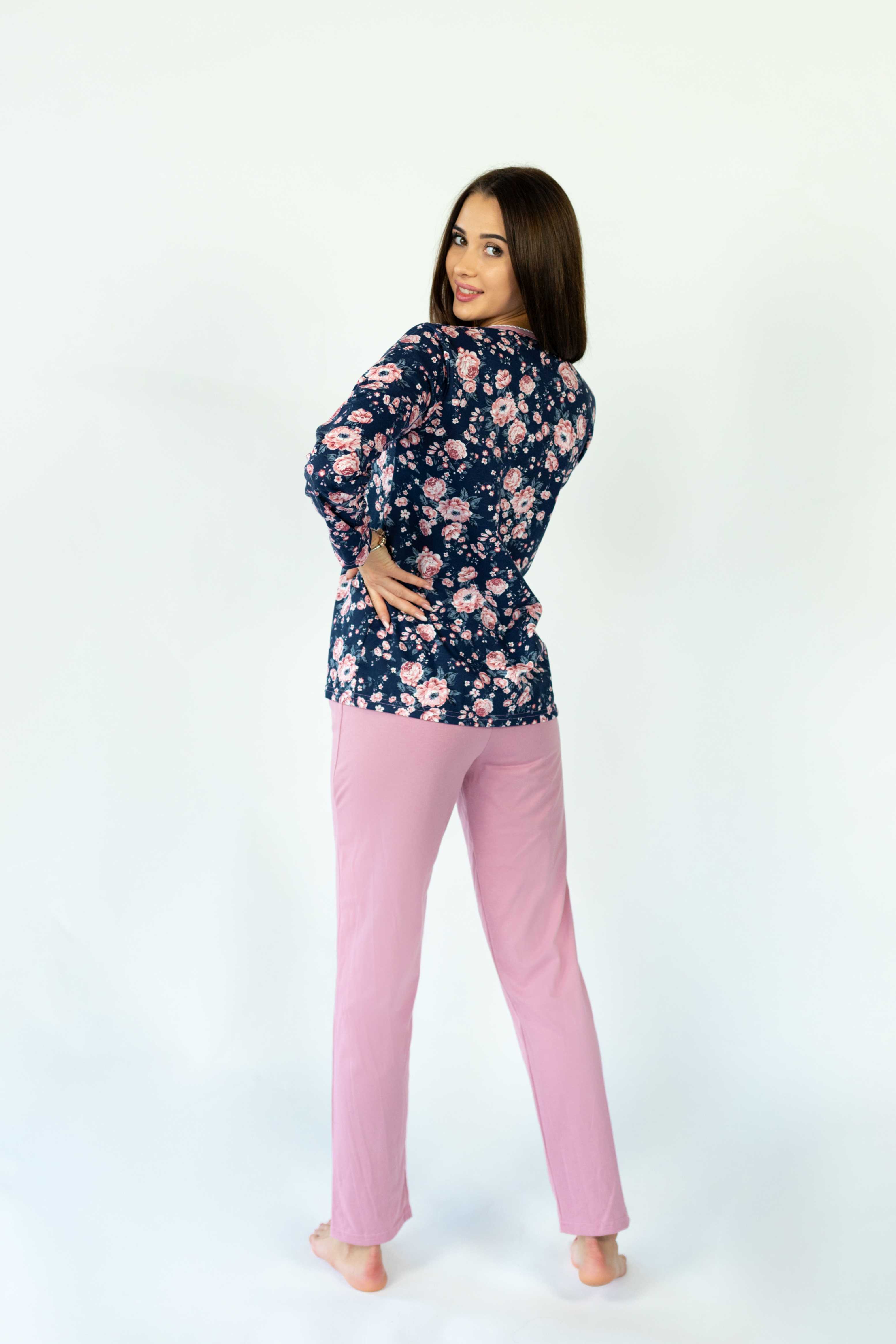 Piżama damska różowo-granatowa kwiaty