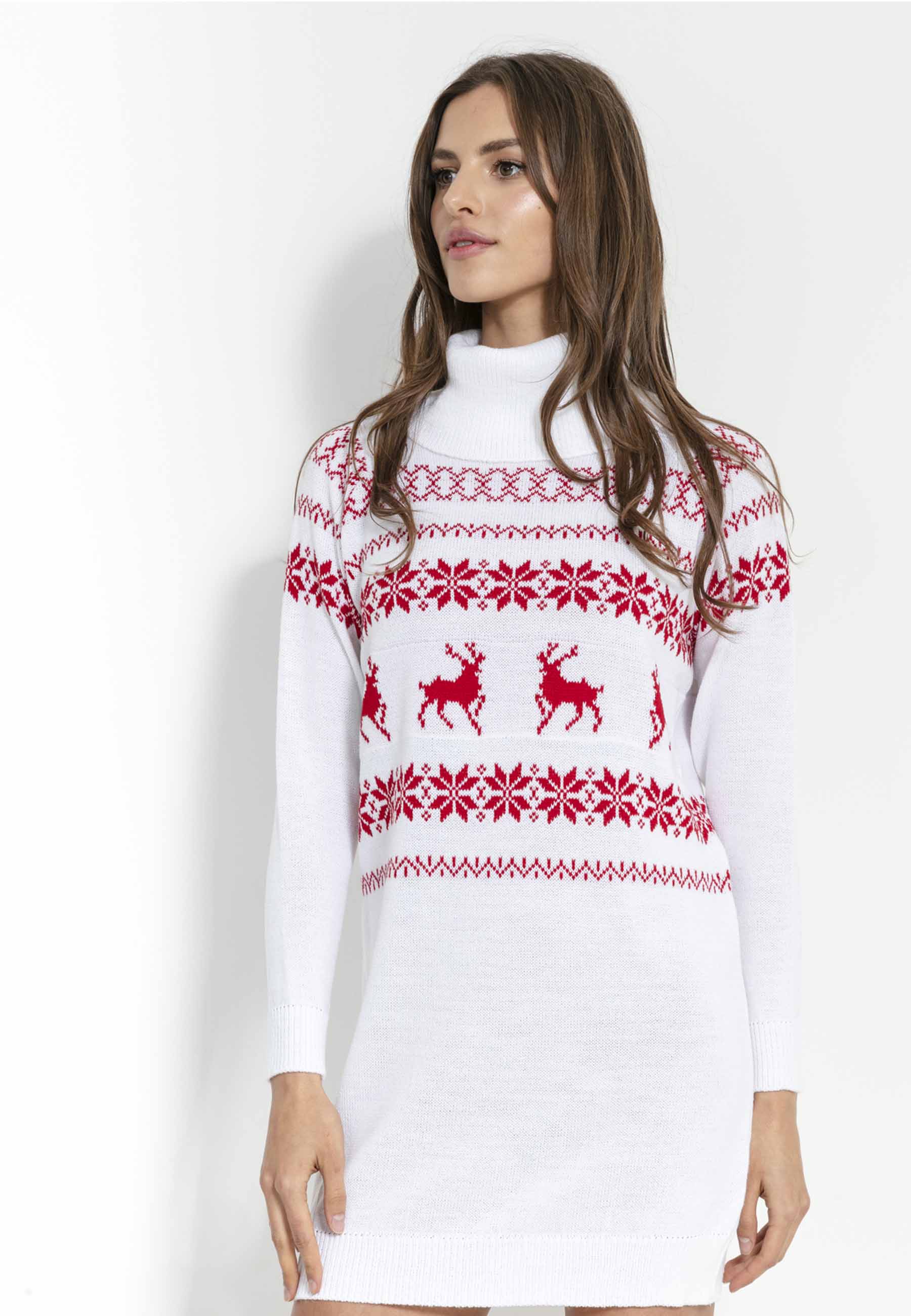 Sukienka swetrowa z połgolfem świąteczna biała