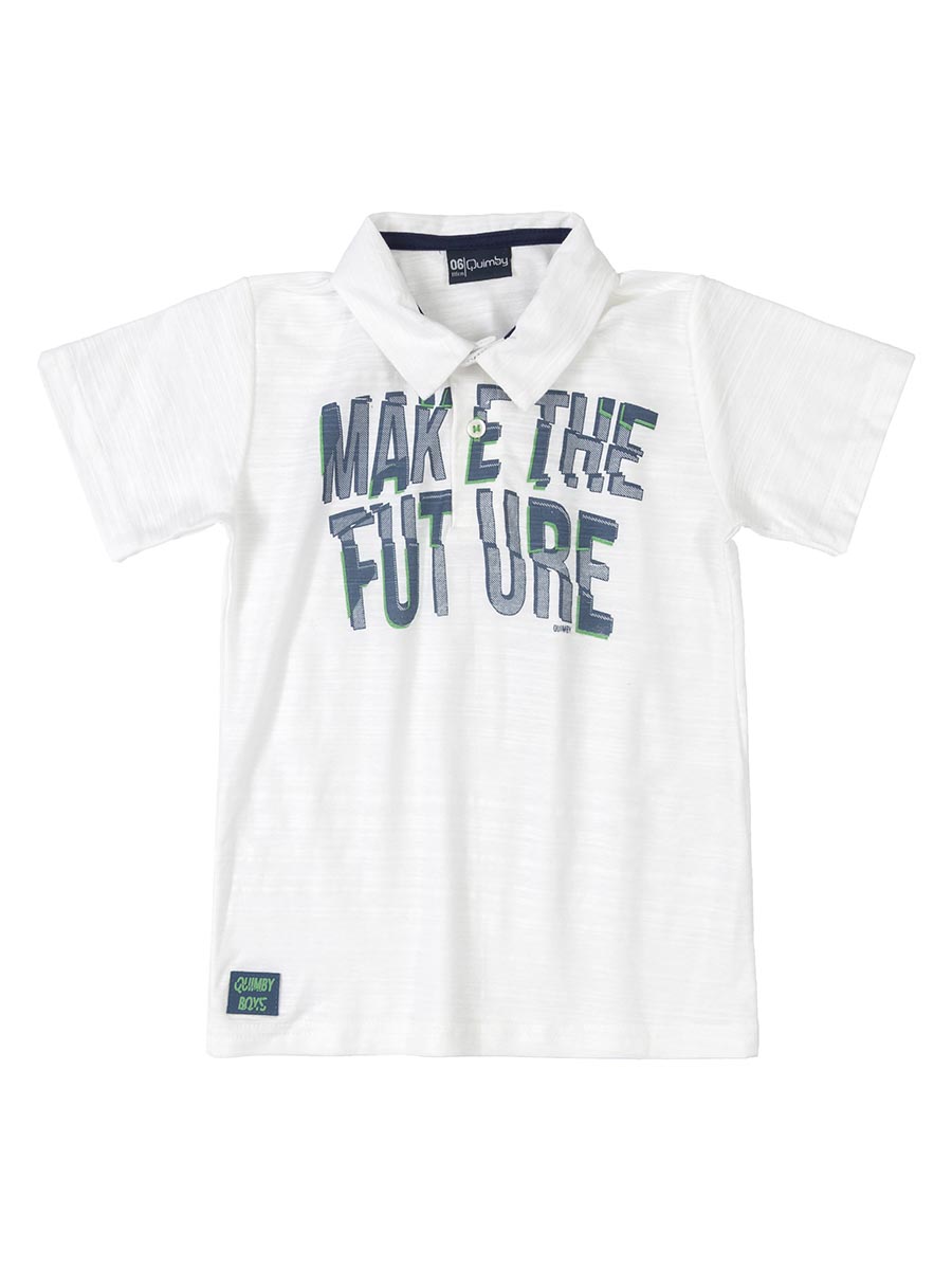 Koszulka polo chłopięca z krótkim rękawem, biała, Make the future, Quimby