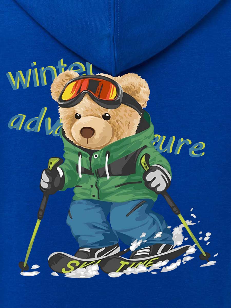 Bluza chłopięca rozpinana z kapturem z misiem na nartach niebieska