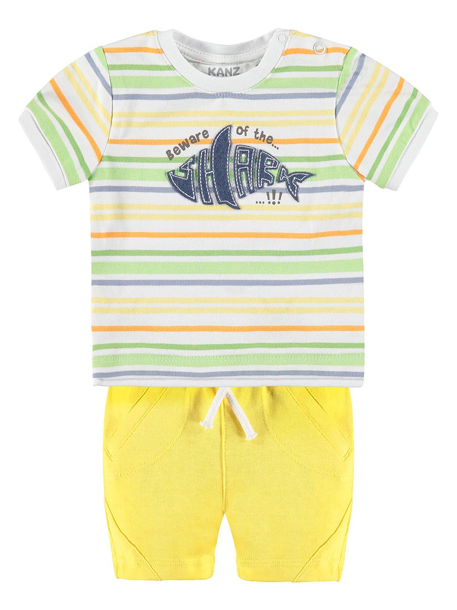 Komplet letni dla chłopca Kanz - żółte szorty i zielony t-shirt z paskami