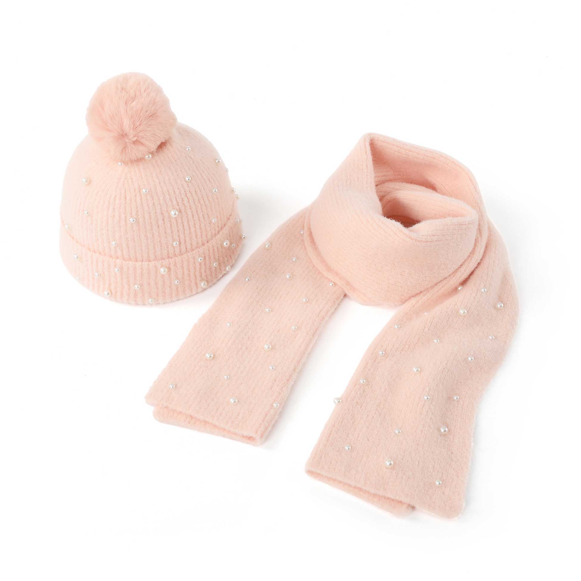 Komplet zimowy z perełkami czapka + szalik różowy