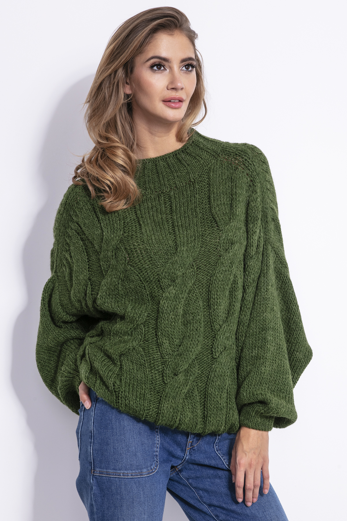 Sweter damski oversize, oliwkowy, Fobya